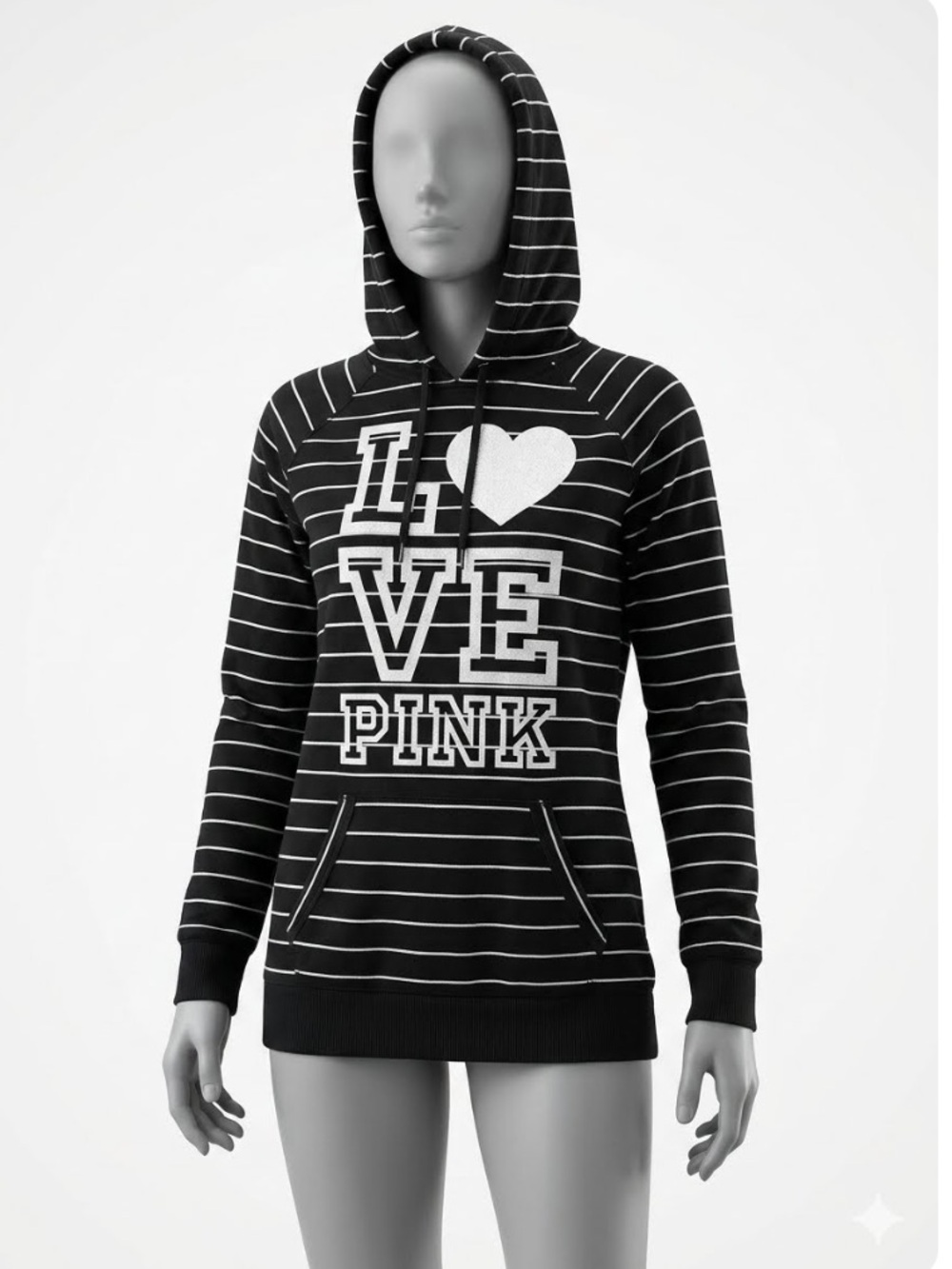 Victoria's Secret PINK Striped Glitter "LOVE PINK" Pullover Long Hoodie Size L